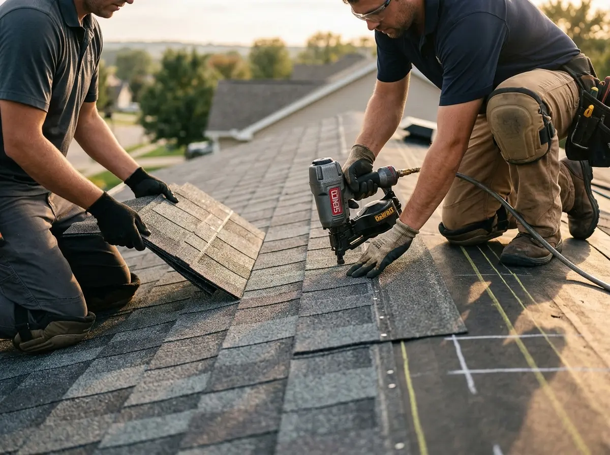 Professional roofer working on a residential roof in Meriden